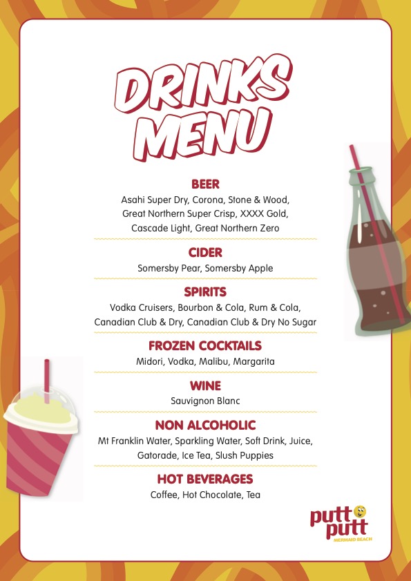 19th Hole Drinks Menu at Putt Putt Mermaid Beach